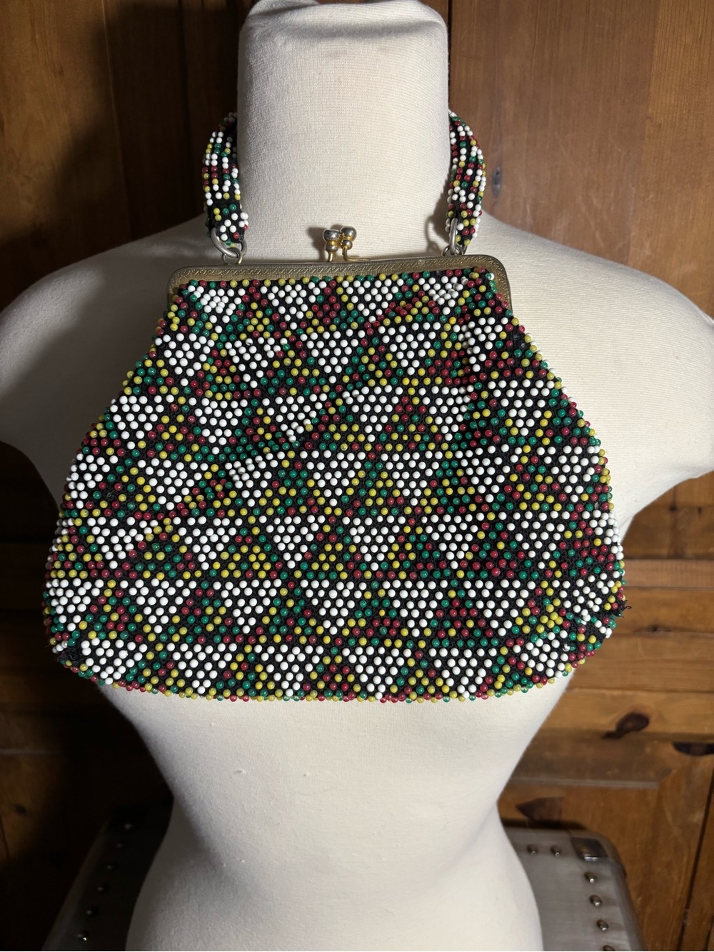 Vintage Kiss Lock Multicolor Beaded Frame-Top Evening Bag
